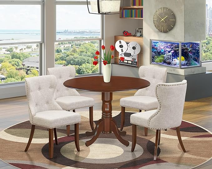 East West Furniture DLSI5-MAH-35 5 Piece Kitchen Table & Chairs Set Includes a Round Dining Room Table with Dropleaf and 4 Doeskin Linen Fabric Parson Dining Chairs, 42x42 Inch, Mahogany