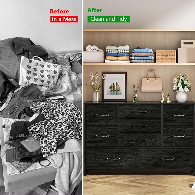 Furnulem Dresser for Bedroom with 9 Large Drawers for 55'' Long Chest TV Stand Entertainment Center, Wood Shelf Storage for Living Room, Dorm, Closet, Entryway, Sturdy Metal Frame(Black Oak)