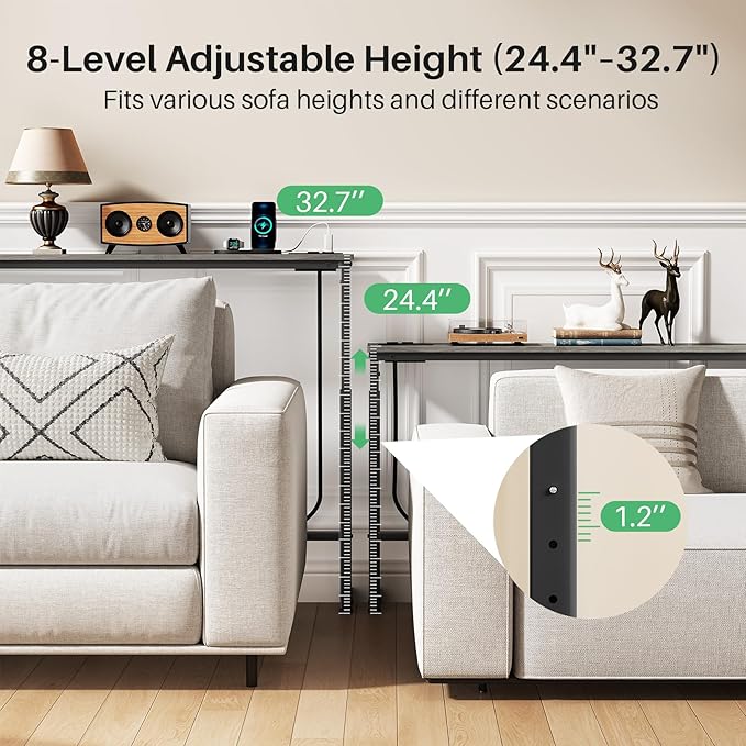 Kitstorack 2-Pack Dark Gray Long Sofa Table Behind Couch, Adjustable Height (25"-33") & 2 Power Outlets, Narrow Console Table, 5.9" D x 79" L, Thin, Split Design for Separate Use