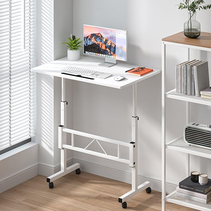Klvied Small Standing Desk Adjustable Height, Mobile Table with Wheels, Portable Laptop Table, Standing Computer Desk for Walking Pad (White)