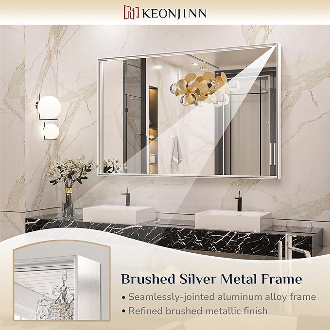 Keonjinn Silver Bathroom Mirror 55 x 36 Inch Large Rectangle Wall Mirror for Vanity Metal Framed Farmhouse Mirror Square Corner Modern Rectangular Mirror for Bathroom Sink(Horizontal/Vertical)