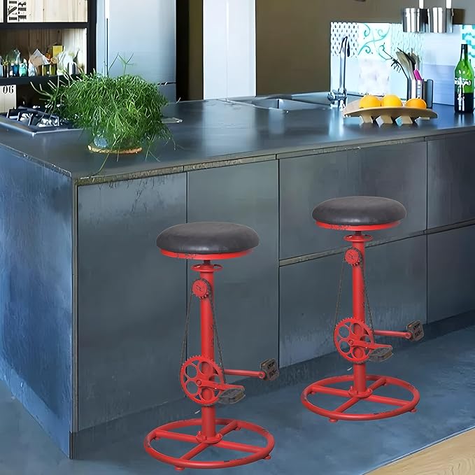 Topower Vintage DIY Bar Stool Bicycle Chain Iron Pedal Retro Industrial Height Adjustable Bicycle Wheel Design bar Chair Set of 2 Antique Red