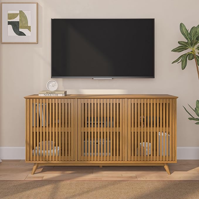Plank+Beam Mid-Century Modern Wood TV Stand, Three Door Solid Wood Entertainment Console with Storage, 59" L x 16" W x 30" H, Pecan
