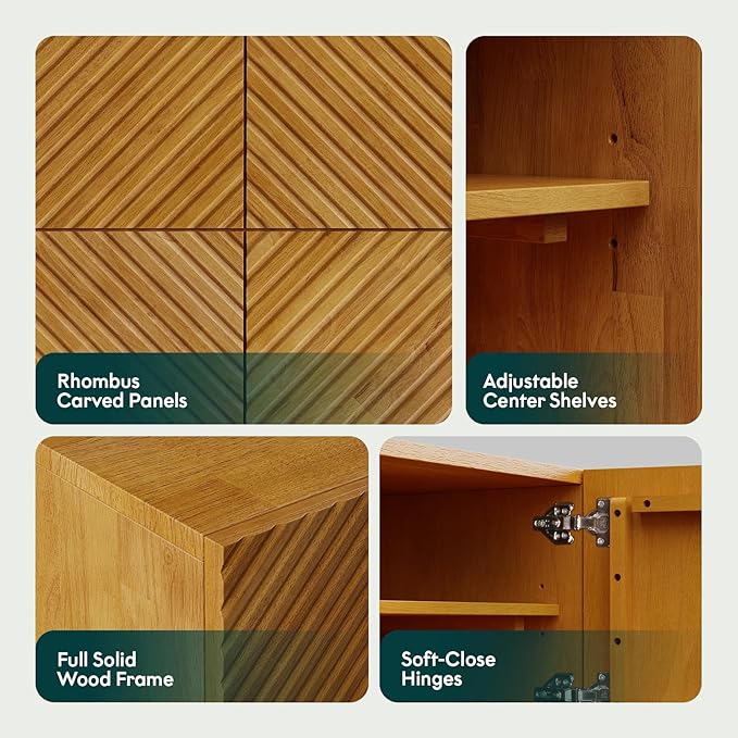 Bme Rhombus Wooden TV Stand with Storage Cabinets – Solid Acacia Wood, Geometric Rhombus Pattern Doors, Scandinavian Modern Entertainment Console with Metal Base