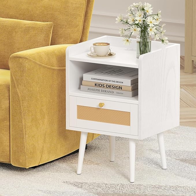 Nightstand Rattan with Charging Station, Mid Century Modern Bed Side Table, Boho End Table with Wood Legs, Bedside Tables for Bedroom Living Room (2, White, 11.8" D x 15.9" W x 23.4" H (1 Drawers))