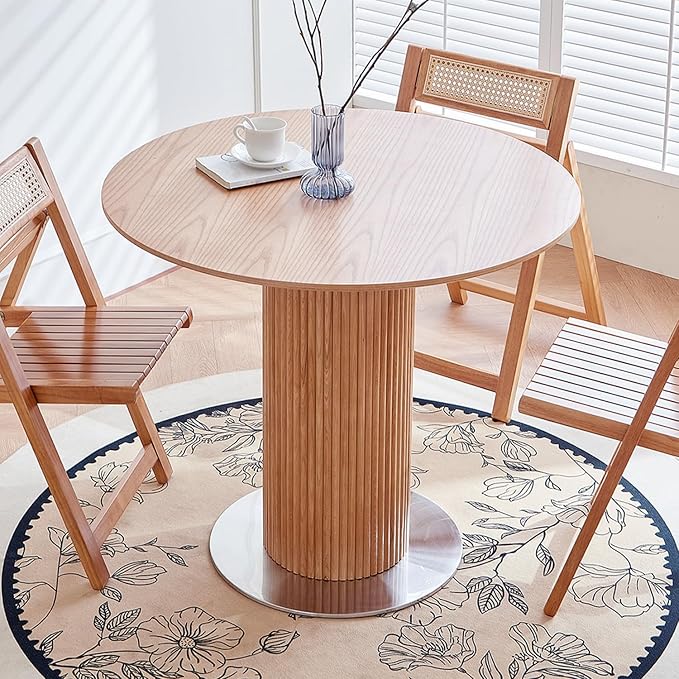Round Wood Dining Table，Wooden Trestle Pedestal Base on Stainless Steel Plate，Small Space Kitchen Table，34.25" Modern Circular Tabletop for Kitchen, Dining Room, Restaurant，Cafe (Natural)