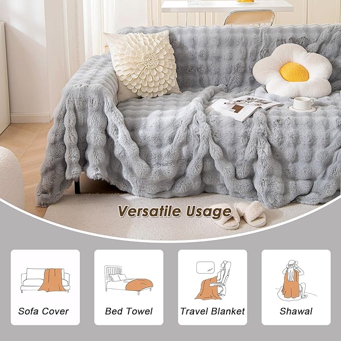 VM VOUGEMARKET Plush Sofa Cover Thick Faux Fur Shaggy Fuzzy Sectional Couch Cover Universal Gray Furniture Cover Fluffy Sofa Slipcover for Couch Sofa Bed-71" x 134"