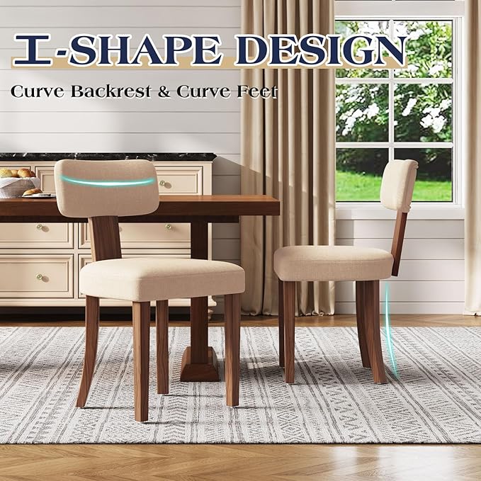 Mid Century Modern Dining Chairs Set of 2, Linen Upholstered Kitchen Chairs with Curved Backrest & Adjustable Legs for Living Room/Bedroom/Lounge, Easy to Install, Beige Linen