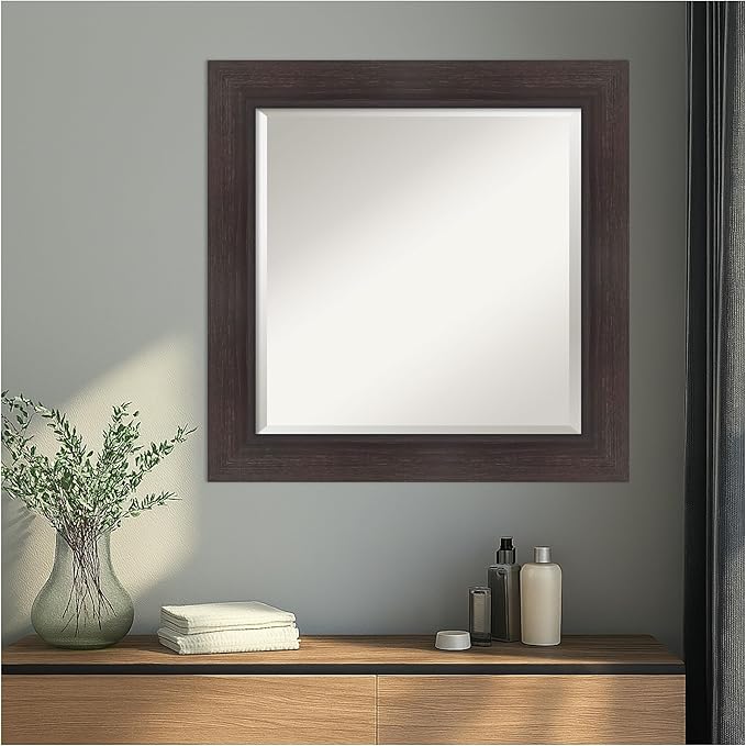 Amanti Art Brown Wall Mirror 26x26 Sloped Espresso Square Bathroom Mirror for Wall Decor Living Room, Medium Modern Contemporary Frame, Hangs Horizonally and Vertically, Bathroom Decor, Beveled Edge