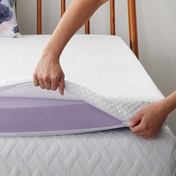 LUCID 2 Inch Lavender Infused Memory Foam Mattress Topper and LUCID Zippered Enclosure Mattress Topper Cover, Full