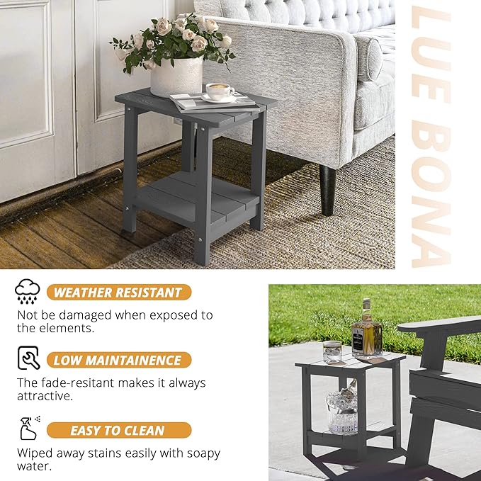 LUE BONA Adirondack Outdoor Side Table, 2-Tier Dark Grey HDPS Patio End Table Weather Resistant, Morden Side Table for Patio, Pool, Porch
