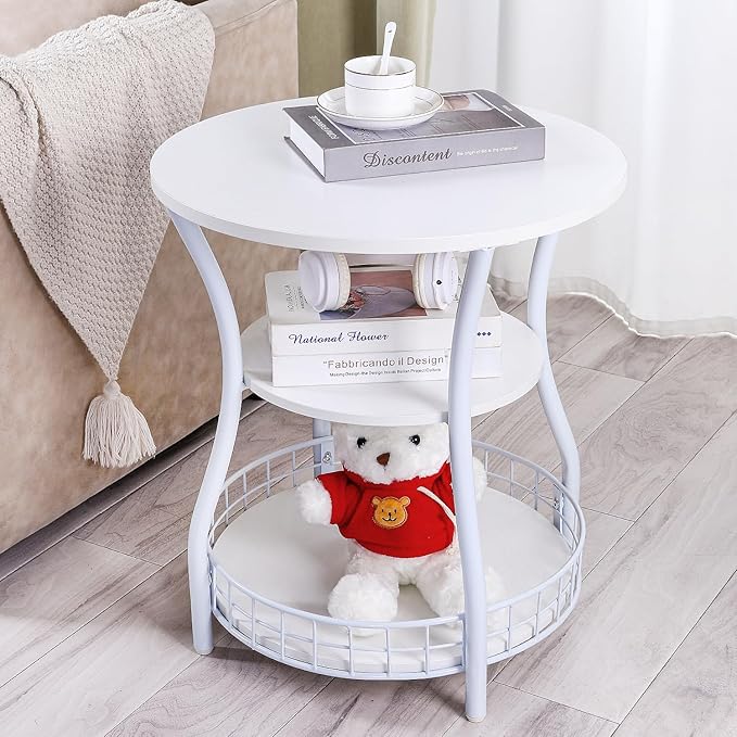 Round End Table, 3-Tier Side Table with Storage, Accent Corner Sofa Beside Table for Small Spaces,Steel Frame Nightstand for Living Room, Bedroom, Small Coffee Table,White