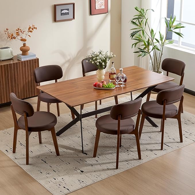 Furniliving Wooden Dining Chairs Set of 2, Mid-Century Modern Leather Upholstered Kitchen Chair with Solid Oak Wood, Farmhouse Dining Room Chairs, Brown