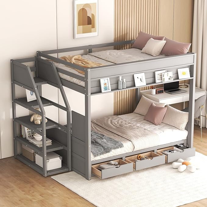 Full Size Wood Bunk Bed with Storage Staircase, Bedside Table, and 3 Drawers,Convertible Down BedFrame,No Box Spring Required,for Kids Boys Girls Teens, Gray