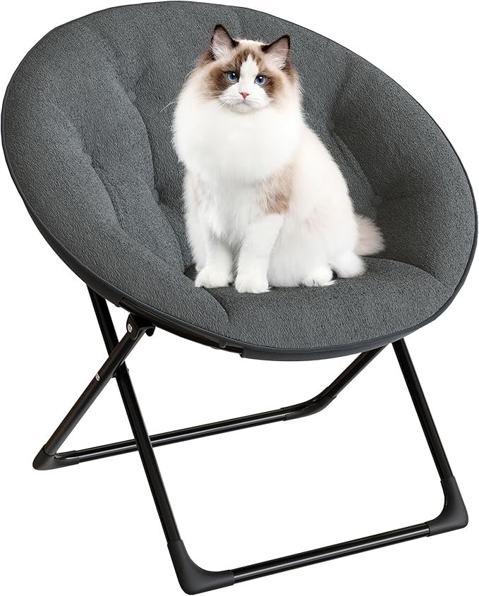 Saucer Chair, XL Foldable Lounge Chair for Bedroom/Dorm, Plush Comfy Seat with Non-Slip Base for Teens & Adults, Faux Fur Accent Chair, Gray