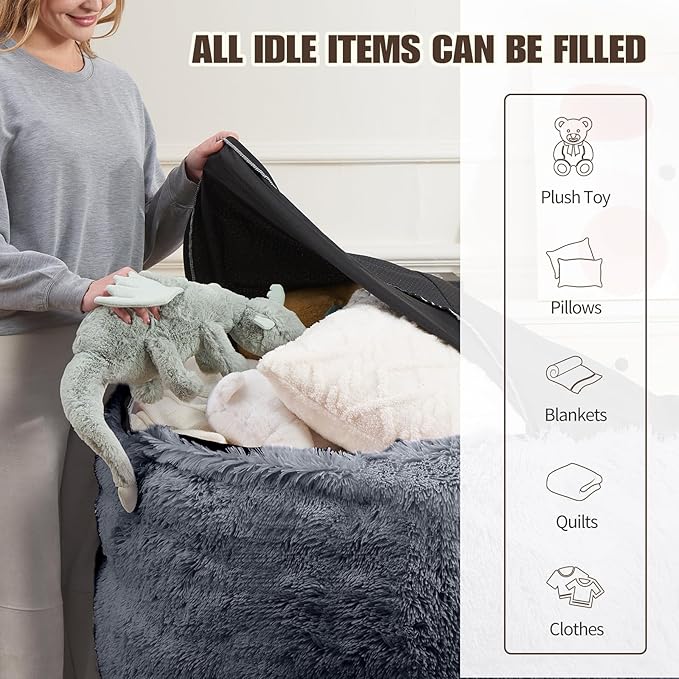 Bean Bag Chair Cover(No Filler) Soft Faux Fur Stuffed Animal Bean Bag Storage, Fluffy Plush Bean Bag Chair Cover Washable, Comfy Bean Bag Chairs for Adults, 6FT, Dark Grey