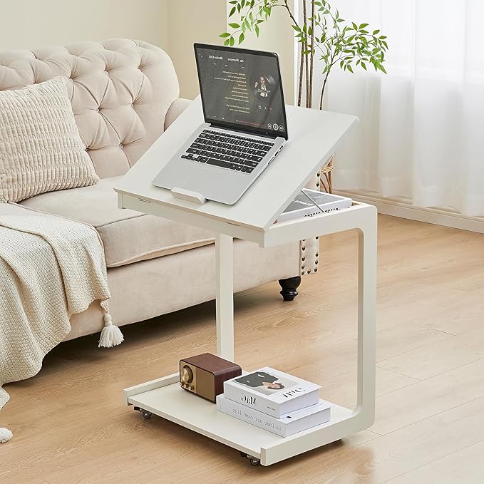 CozyDH Adjustable C Shaped End Table, Rolling Side Table Solid Wood TV Sofa Tray Table for Couch Arm Eating Multi-Purpose, Small Coffee Table with Wheels Living Room Bedroom, White