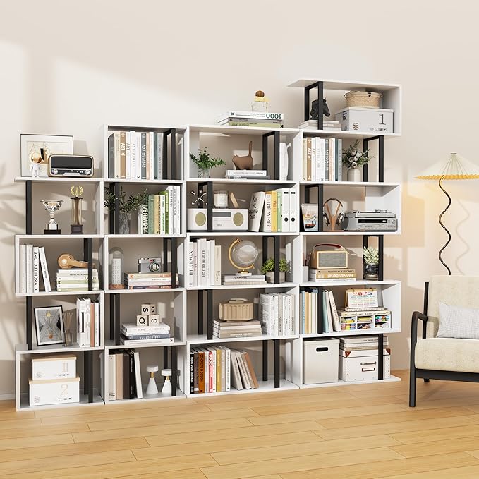 Gadroad 5-Tier Bookshelf, Narrow S-Shaped Geometric Bookcase, Wood Decorative Storage Shelving, Modern Freestanding Display Shelves, Book Shelf Unit for Living Room Bedroom Home Office, White