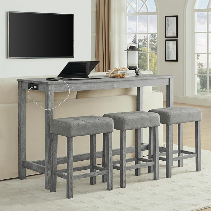 KEIKI 4-Piece Bar Table Set with Charging Station - 59" Industrial Kitchen Table & 3 Upholstered Stools, USB/Type-C/AC Outlets, Solid Wood Frame - for Dining Room, Apartment, Living Room (Grey)