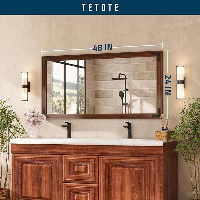 TETOTE 48 x 24 Walnut Wood Framed Mirror for Bathroom Wall/Bedroom/Living Room/Entryway Farmhouse Rustic Bathroom Vanity Mirror for Over Sink Waterproof (Horizontal/Vertical Mounted)