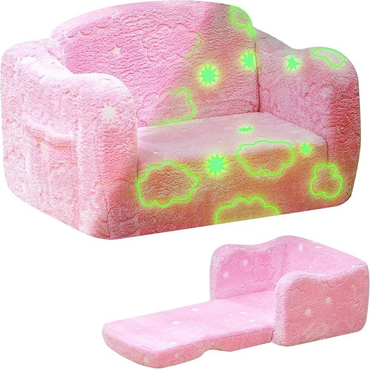 Lamerge 2-in-1 Toddler Couch,Glow in The Dark Baby Floor Bed,Foldable Toddler Chair Kids Sofa for playroom,Convertible Sofa to Lounger for Girls and Boys (Pink and Clouds)