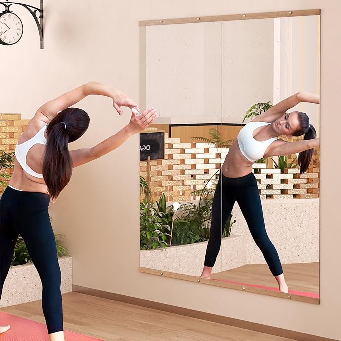 Hasipu 4Pcs 48''x24'' Home Gym Mirror Large Full Length Wall Mounted Full Body Mirror for Yoga Dance Fitness Exercise Studio Bedroom Garage, Frameless Tempered Glass Workout Mirrors Walnut Rectangular