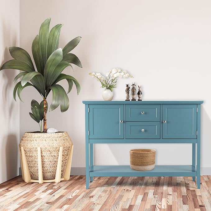 COSTWAY Buffet Sideboard, with 2 Wood Storage Drawers & Open Shelf, Console Table for Living Room Kitchen Dining Room Furniture (Blue)