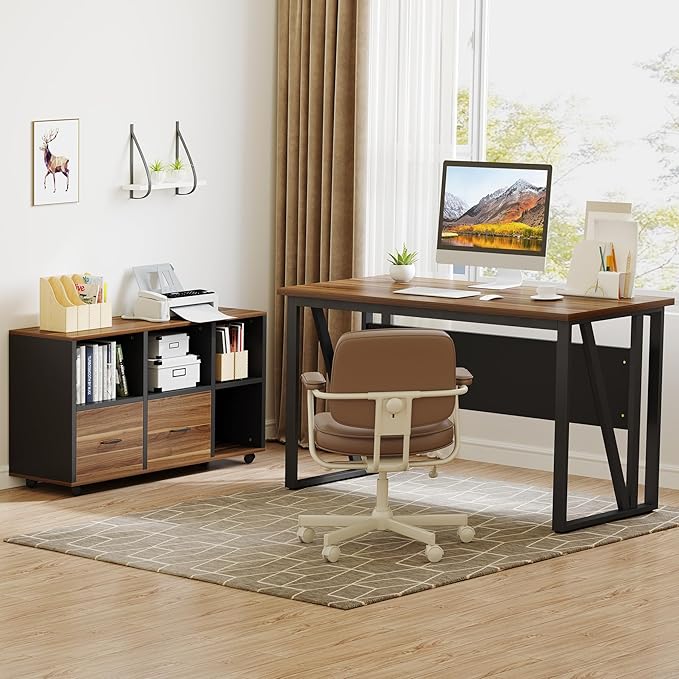 LITTLE TREE 55-Inch L-Shaped Computer Desk, Large Corner Desk with Drawers, Modern Office Workstation Study Desk, Corner Computer Desk for Home Office, Bedroom, Brown