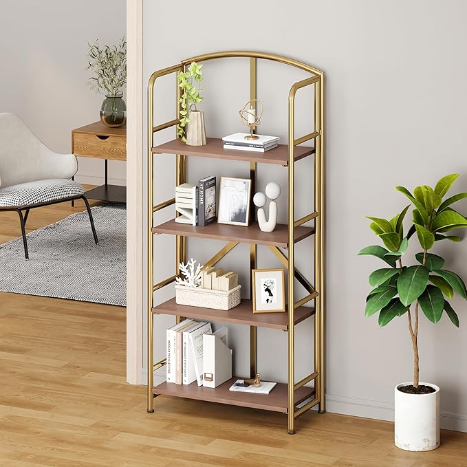 No-Assembly Folding Gold Bookshelf Storage Shelves 4 Tiers Vintage Multifunctional Plant Flower Stand Storage Rack Shelves Bookcase for Home Office