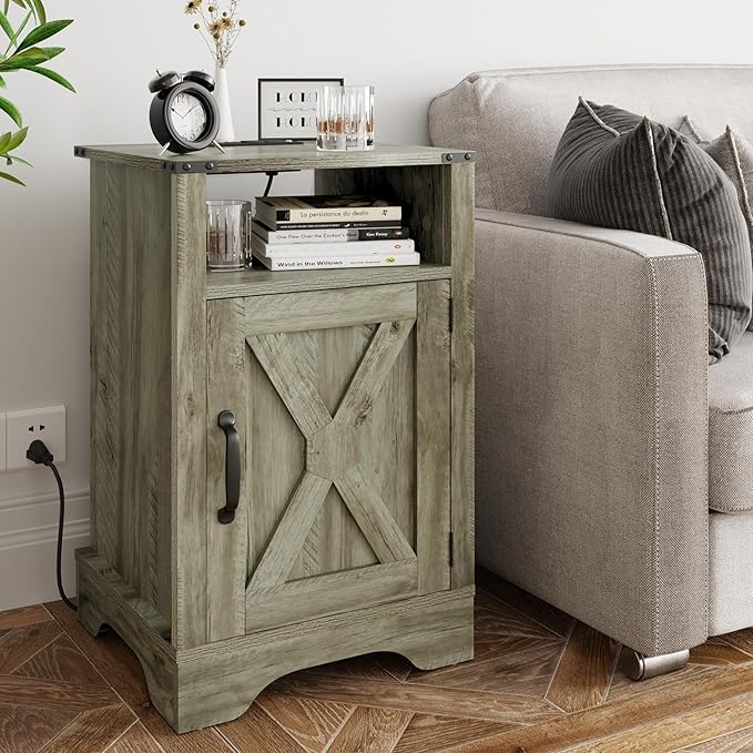 RoyalCraft Nightstand Set of 2, Grey End Table with Charging Station, Tall Farmhouse Bedside Table with Large Storage and Shelf, Wooden Side Table with for Bedroom, Home Office, Light Grey