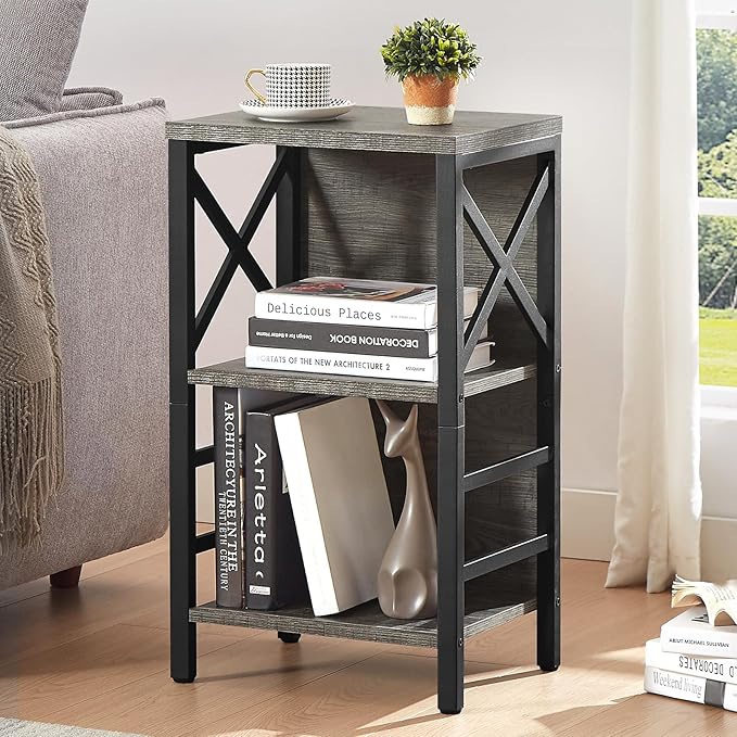 Small Bookcase,3 Tier Industrial Bookshelf with Metal Frame and Backboard,Low Grey Book Shelf,Book case for Small Spaces,Living Room,Bedroom and Home Office