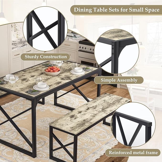 VECELO Kitchen Dining Table Set for 4, 55" Wood Rectangle Dinette with 2 Benches, Heavy-Duty Metal Frame for Small Space, Breakfast Nook, Grey