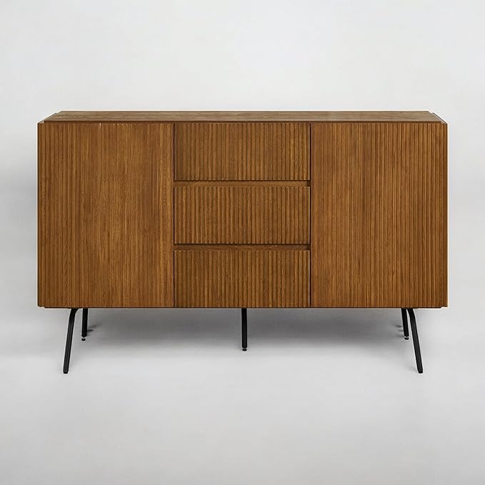 NTC Veil Sideboard with 2 Doors and 3 Drawers, Buffet Cabinet with Vertical Groove Design and Metal Legs, Storage Cabinet for Living Room, and Entryway, Effortless Assembly - Rustic Oak