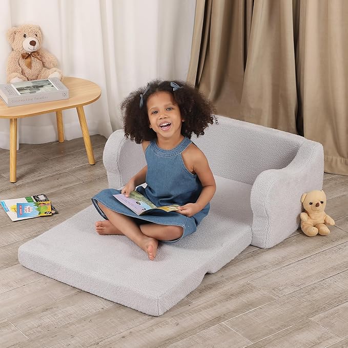 Extra Wide Toddler Chair, 2-in-1 Toddler Couch Fold Out, Convertible Sherpa Sofa to Lounger for Boys & Girls, Grey