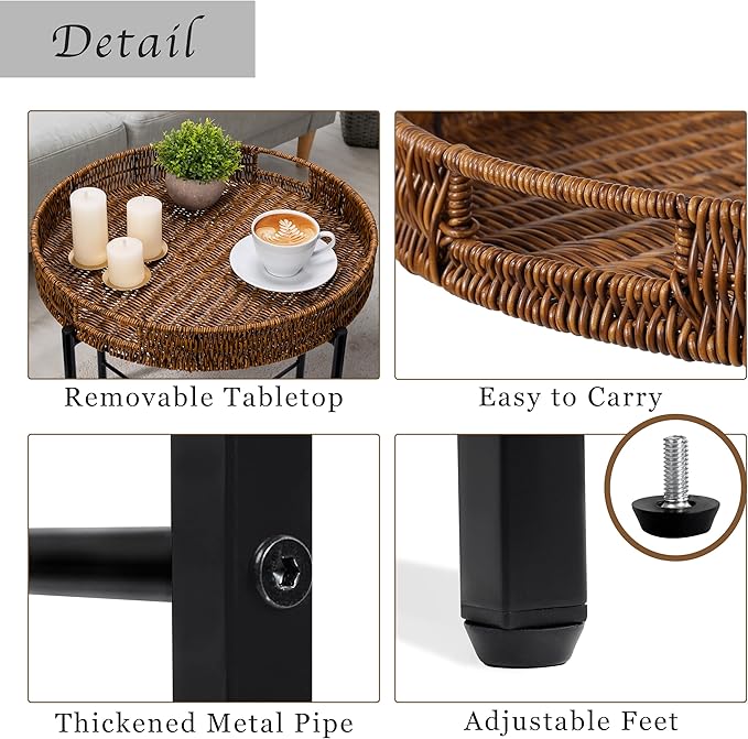 Brown Small Round End Table, 19in Rattan End Tables, Wicker Rattan Side Table, Round Sofa Side Table, Indoor Outdoor Side Tables for Patio, Living Room Bedroom Office