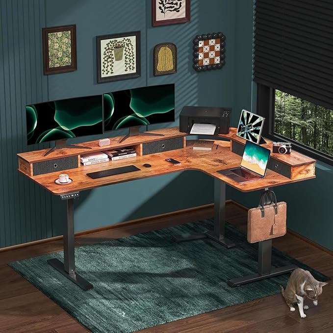L-Shaped Electric Height Adjustable Desk, 67-inch Reinforced Motor Office Desk with Drawers & Monitor Stand, Ergonomic Design for Healthy Posture, Home Study Gaming, Max load 330 lbs, Retro Brown