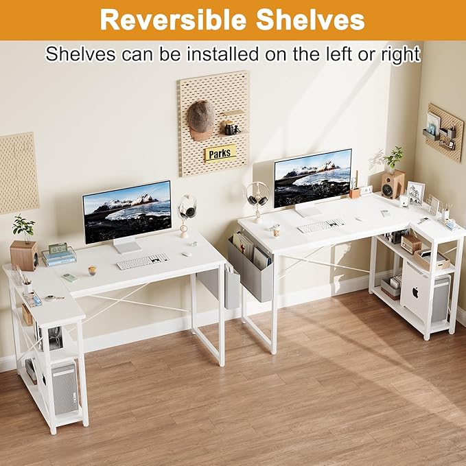 L Shaped Computer Desk with Reversible Shelves, 47 Inch Small Corner Desk with Storage Bag, Gaming Desk Computer Table Study Writing Desk for Home Office Small Space, White