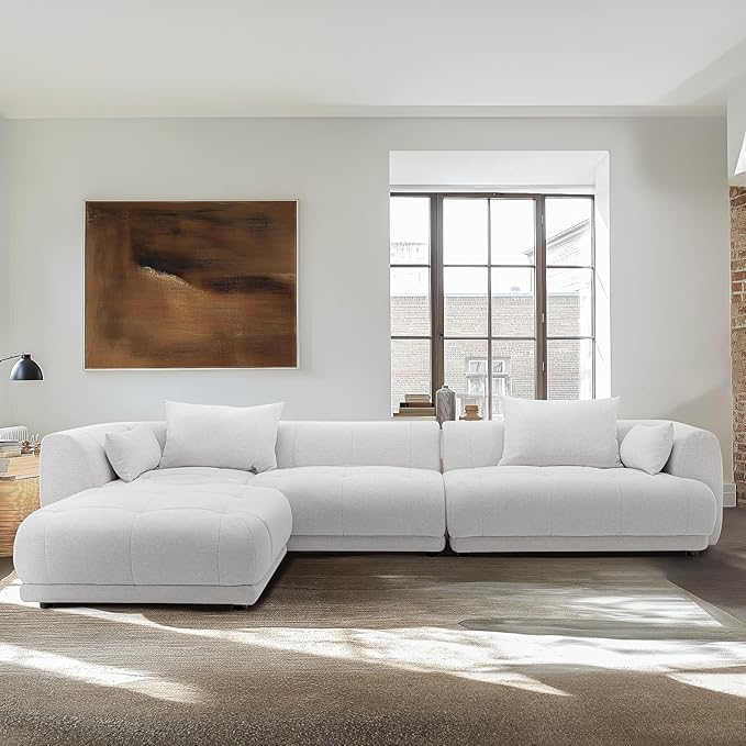 COLAMY 144" Modular Sectional Chenille Couch with Ottoman, Cloud Sectional Sofa Set with Ottoman,for Living Room(Beige)