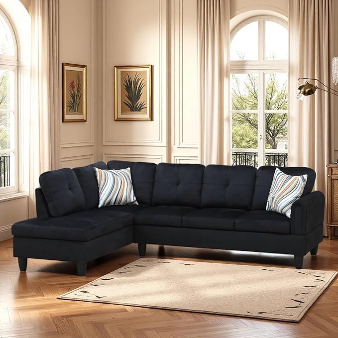 Modular L-Shaped Sectional Sofa, Modern Couches with Movable Chaise, Convertible 4-Seater Couch for Bedroom, Apartment & Office, Black