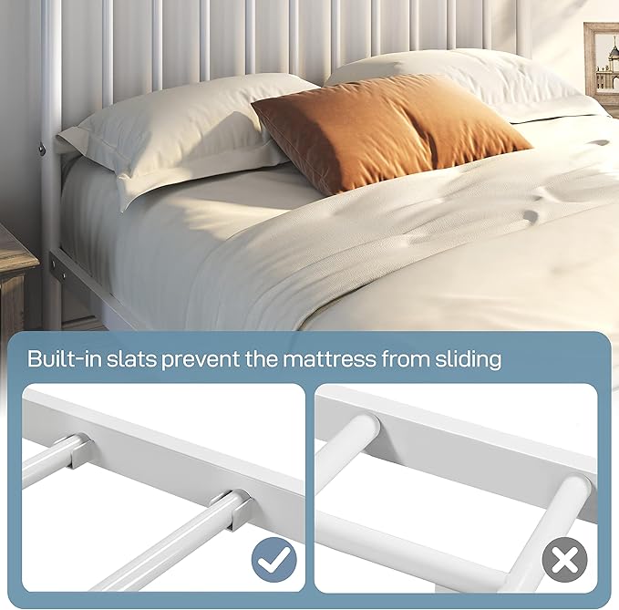 Yaheetech 14 Inch Full Size Bed Frame Metal Platform Bed with Spindle Headboard Footboard/Mattress Foundation/No Box Spring Needed/Underbed Storage Space/Steel Slat Support/Easy Set up, White