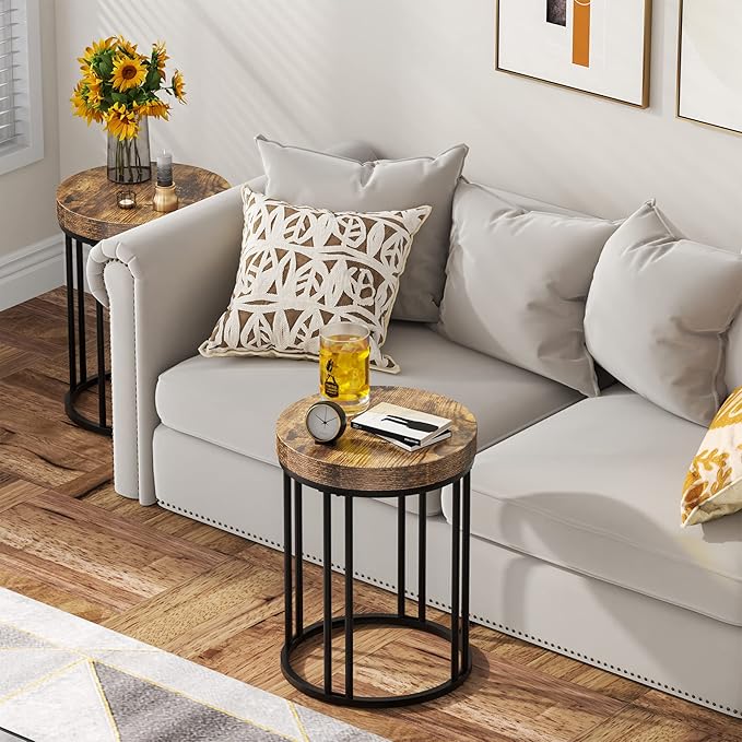 LITTLE TREE Round Side Table, End Table with Metal Frame, Small Wood Tables Tiny Coffee Accent Table Nightstand for Smaller Spaces, Living Room, Bedroom, Balcony (Brown, 2PCS)