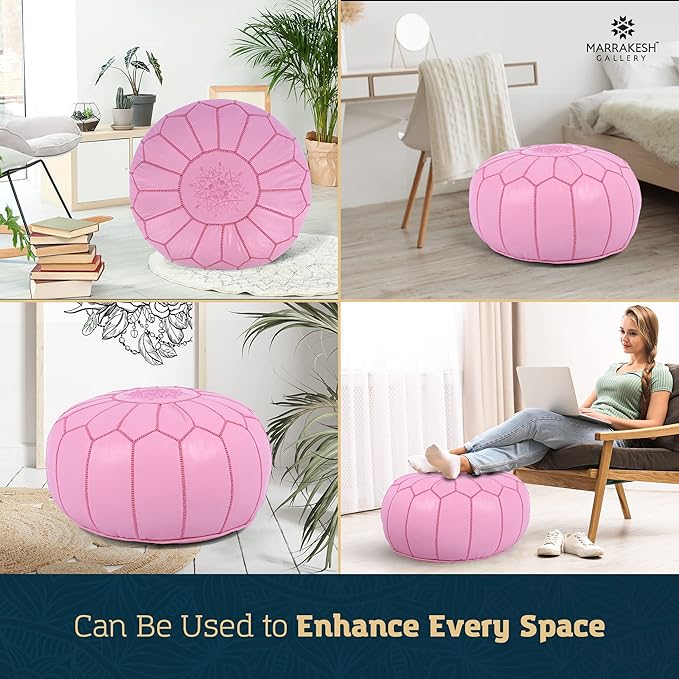 Marrakesh Gallery Genuine Leather Round Pouf Unstuffed - Moroccan Ottoman Footstool, Footrest Cover - Boho Decor - Bohemian Living Room, Bedroom, Kids Room, Gift & Wedding