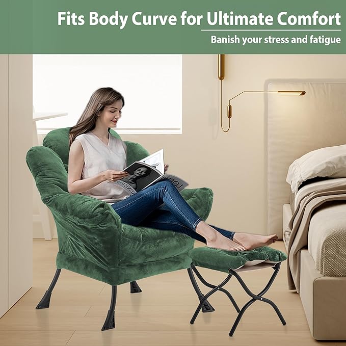 Lazy Chair with Folding Ottoman, Accent Chair Plush Upholstered with Metal Structure and Non-Slip Pads, Sofa Armchair with Footrest and Side Storage Bag for Dorm, Room, Office, Green