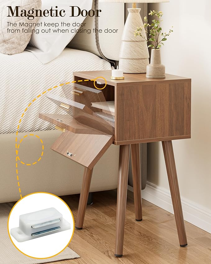 Night Stand, Walnut Nightstand with Fluted Door, Small Modern Mid-Century Bedside Table for Bedroom, End Table for Living Room