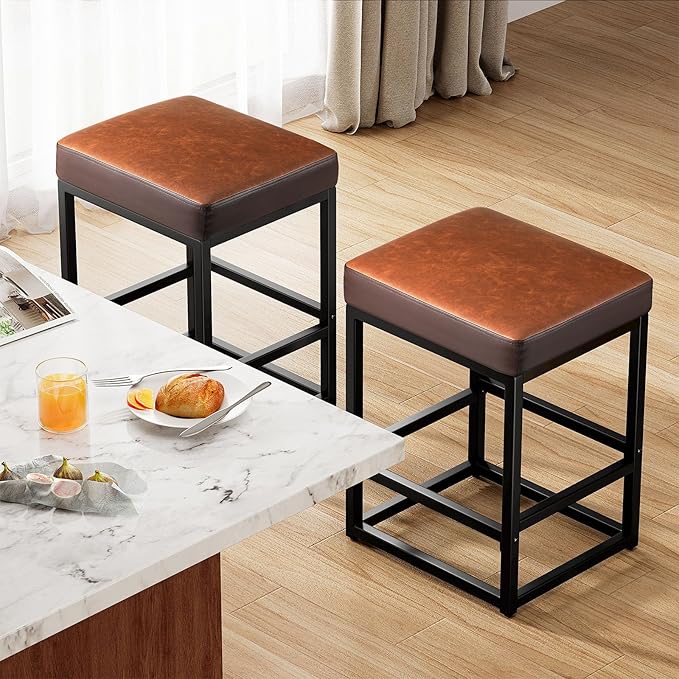 Counter Height Bar Stools Set of 3, 24" Barstools for Kitchen Countertop, Faux Leather Counter Stools with Thick Square Seats & Sturdy Metal Base, Simple Assembly, Black