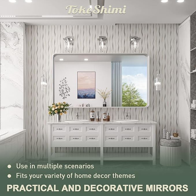 TokeShimi 60 x 30 Inch Wall Mirror for Bathroom Brushed Silver Metal Frame Decorative Rectangular Wall Mounted Home Decor Corner Hangs Farmhouse Mirror (Horizontal/Vertical)