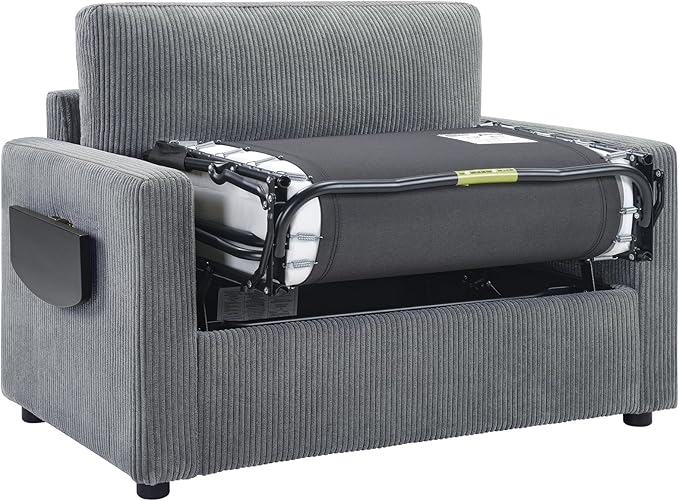Twin Size Sofa Bed 47.2" Sleeper Sofa Loveseat Sofa with a Foldable Mattress, a Foldable Side Table, a Side Storage Pocket and Two USB Ports for Living Room, Gray