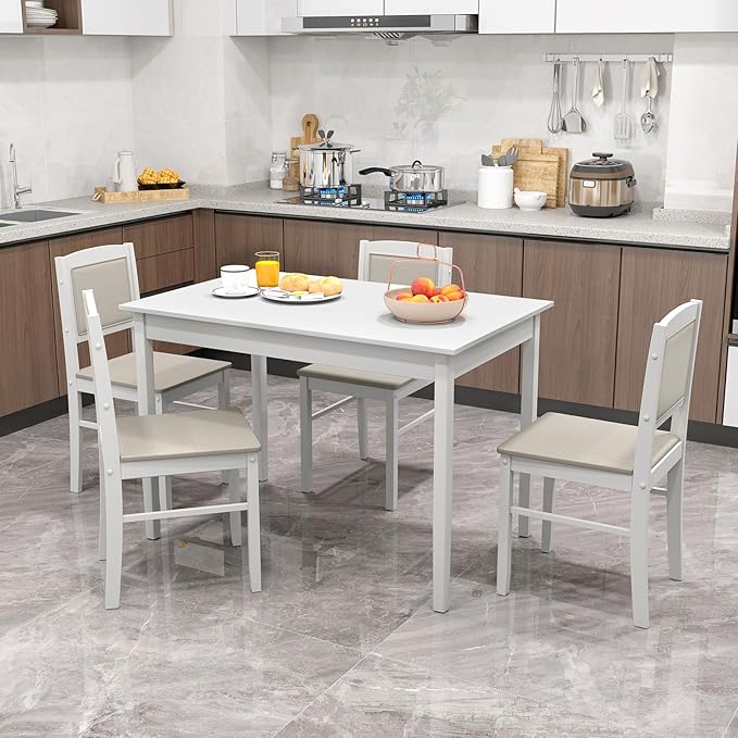 Giantex 5-Piece Dining Table Set for 4 - Breakfast Nook Table Set with Kitchen Table, 4 Upholstered Chairs, Wood Legs, Space-Saving Dinette Set, Kitchen Table Chairs Set of 4 (White+Beige)