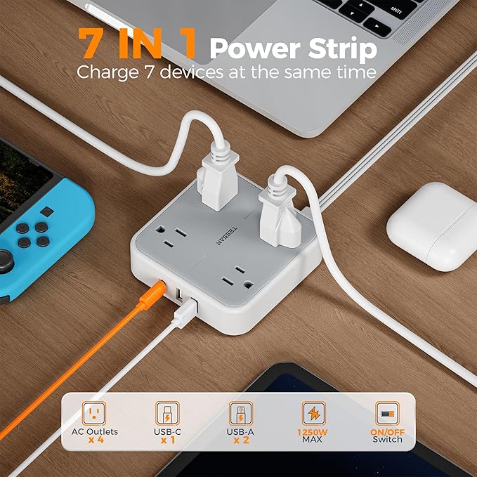 Surge Protector Flat Extension Cord 15Ft, TESSAN Flat Plug Power Strip with 4 Outlets 3 USB Ports (1 USB C), 900 Joules Protection, Multiple Wall Outlet Extender Suitable for Home Office Dorm, Grey