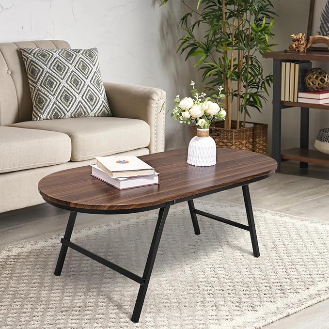 Folding Coffee Table for Small Spaces Wood and Metal Oval Coffee Tables No Assembly Low Coffee Table for Living Room, Home, Office, Rustic Brown